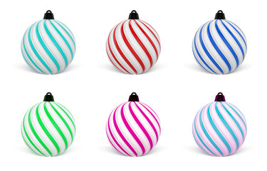 Christmas Ball in different colors. Twisted Christmas Balls on white background. 3D Rendering.