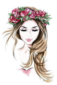 Hand drawn beautiful young woman in flower wreath. Cute girl with long hair. Sketch. Vector illustration.
