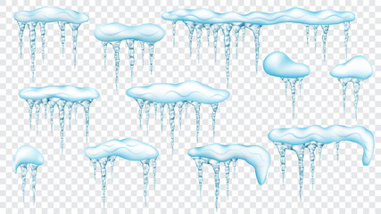 Set of snowdrifts with translucent icicles. Transparency only in vector file - obrazy, fototapety, plakaty