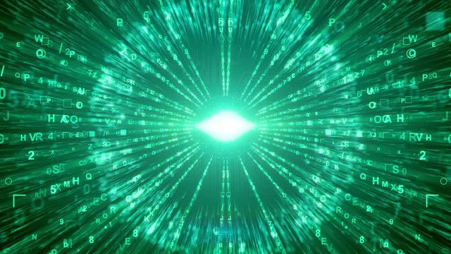 Impressive 3d rendering of a world shaped CPU diminishing  through iris in effect and blasting rapidly with a lot og digits, letters, signs  of a light green color, rushing  like rays of a searchlight