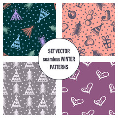 Set of seamless vector patterns with cute hand drawn fir trees, gifts, hearts, bows, christmas toys. Seasonal winter backgrounds Graphic illustration.