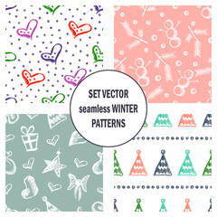 Set of seamless vector patterns with cute hand drawn fir trees, gifts, hearts, bows, christmas toys. Seasonal winter backgrounds Graphic illustration.