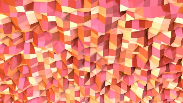 Abstract simple pink orange low poly 3D surface as psychedelic background. Soft geometric low poly motion background of shifting pure pink orange red polygons. 4K Fullhd seamless loop background