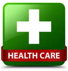 Health care (plus sign) green square button red ribbon in middle