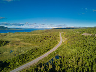 Norwegian road in the mountains. Aerial view