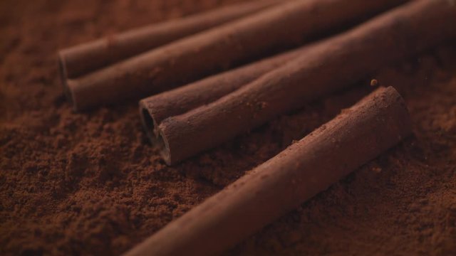 Cinnamon sticks falling into cinnamon powder. Shot with high speed camera, phantom flex 4K. Slow Motion.