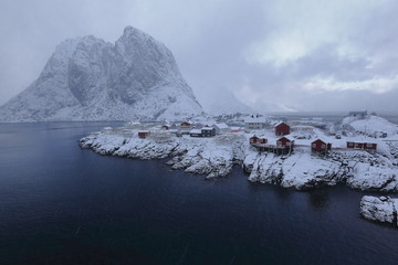 Hamnoy fishing village-heavy snowfall-foot of 389 ms.Festhaeltinden mount. Reine-Moskenesoya-Lofoten-Norway. 0371