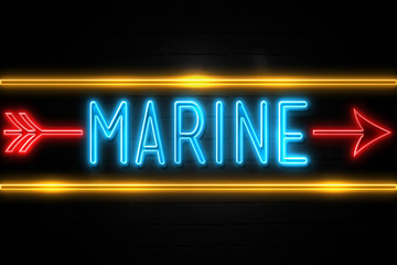 Marine  - fluorescent Neon Sign on brickwall Front view