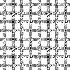 Fototapeta premium Seamless vector pattern. Black and white geometrical background with hand drawn decorative tribal elements. Print with ethnic, folk, traditional motifs. Graphic vector illustration.