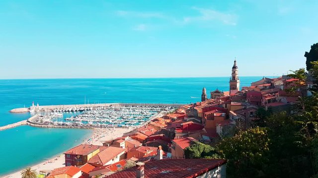 Beautiful Aerial Panoramic View of the Old Town of Menton, Old Houses Typical of the Villages of the French Riviera - 4K Video
