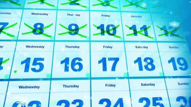 Artistic 3d rendering of calendar dates double crossed with green lines with falling white snowflakes. The last date is the 31st of December. So, Happy New Year is approaching