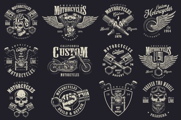 Fototapeta Set of vintage custom motorcycle emblems, labels, badges, logos, prints, templates. Layered, isolated on dark background Easy rider obraz