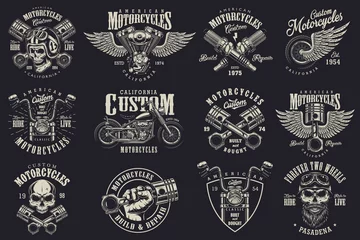 Foto op Plexiglas Set of vintage custom motorcycle emblems, labels, badges, logos, prints, templates. Layered, isolated on dark background Easy rider © DGIM studio