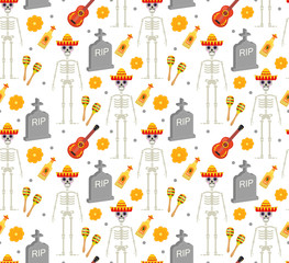 Day of the dead holiday in Mexico seamless pattern with sugar skulls. Skeleton endless background. Dia de Muertos repeating texture. Vector illustration
