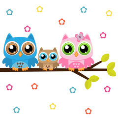 Owls family on a branch on a flowers background