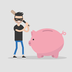 Male thief breaking a piggy bank with a baseball bat / flat editable vector illustration, clip art