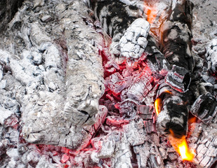 Smoldering coals in the grill. Burning fire after a shish kebab.