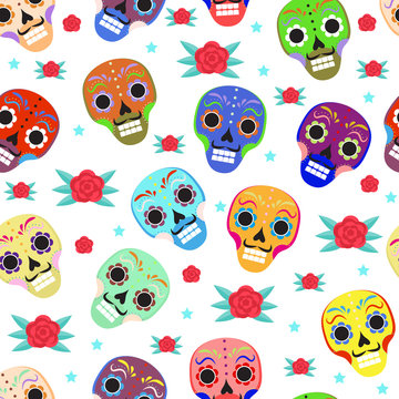 Day of the dead holiday in Mexico seamless pattern with sugar skulls. Skeleton endless background. Dia de Muertos repeating texture. Vector illustration
