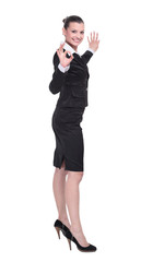 Beautiful business woman smiling isolated over a white