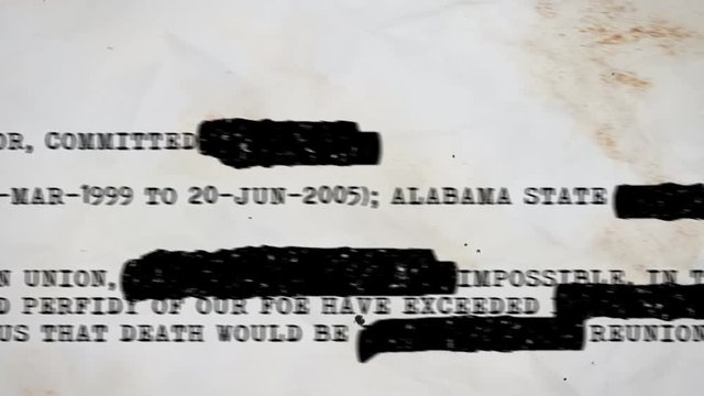Mysterious 3d rendering of a hidden text covered with black ink on a typed document with some name, surname, address, and information. The paper is shot quickly and moves rapidly
