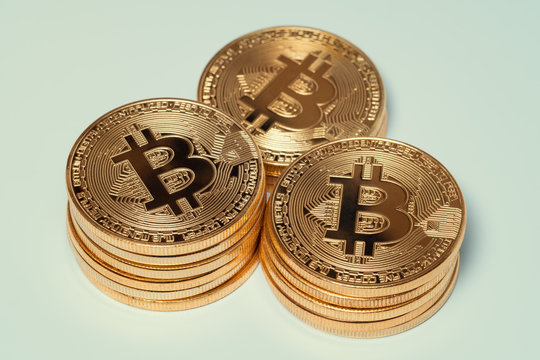 macro three bitcoin stacks. virtual cryptocurrency concept