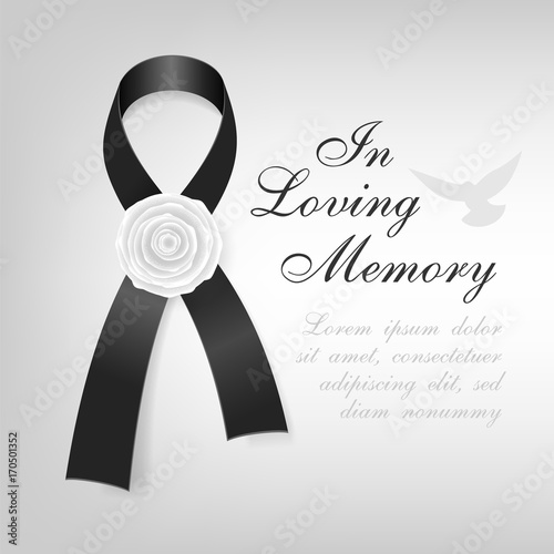 "Funeral card. Black awareness ribbon with white rose ...