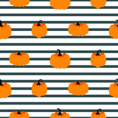 Halloween pumpkin vector seamless striped pattern. Orange pumpkins on striped blue and white background.