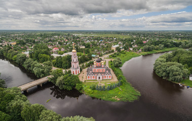 Aerial view of Cathedral of Holy Resurrection Cathedral on the river Polist in Staraya Russa