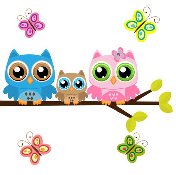 Owls family on a branch with butterflies