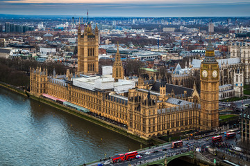 London, England - Aerial skyline view of the famous Big Ben with Houses of Parliament, St Margaret...