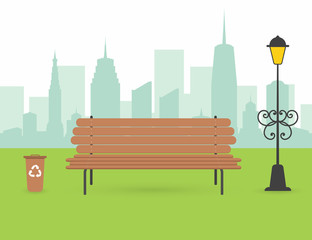 Naklejka premium City park scene. Wooden bench with urn and lantern. City silhouette with skyscrapers on background