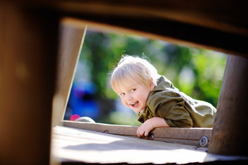Happy little boy having fun on outdoor playground