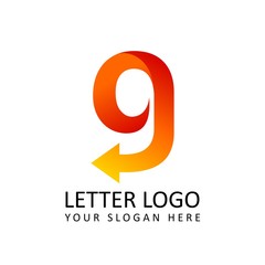 letter G logo template orange round ribbon with arrow head