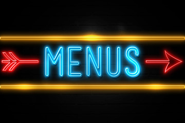 Obraz premium Menus - fluorescent Neon Sign on brickwall Front view