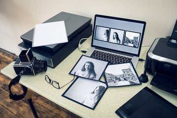 High angle view of technologies on table
