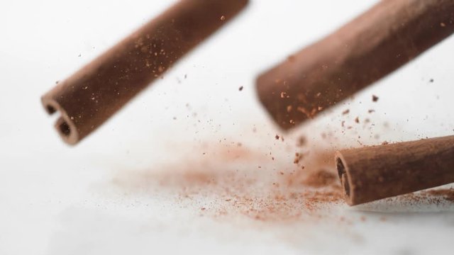 Cinnamon sticks falling. Shot with high speed camera, phantom flex 4K. Slow Motion.