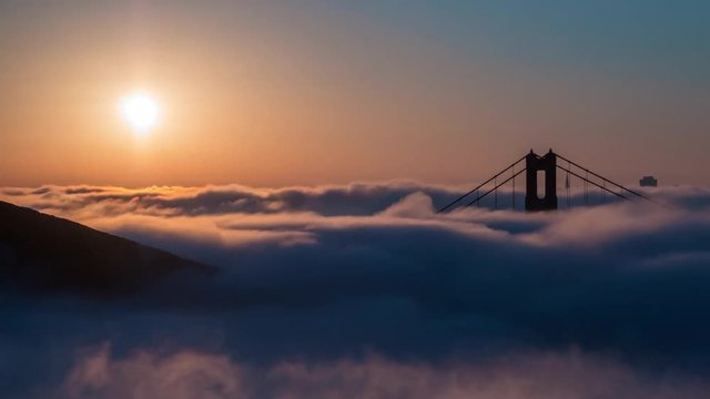 Wide time lapse shot of Golden Gate Bridge Covered in Clouds