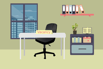 Modern office with vacancy sign for job seekers.