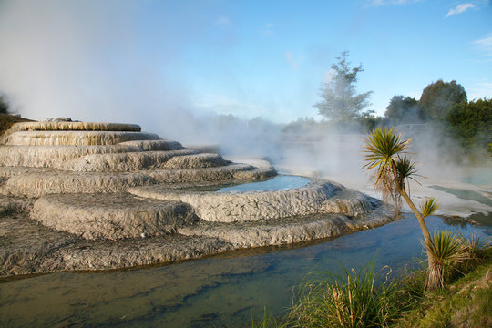 Geothermal steam rises from silica terraces - Volcanic heated water rises in plumes near Taupo, on New Zealand`s North Island