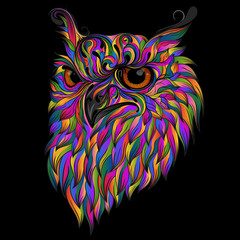 Beautiful vector owl with colored feathers on a black background