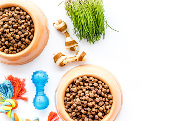 bowl full and overflowing with dry pet - dog food bits and toys on white background top view mock-up