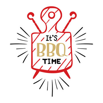 It is bbq time. Hipster logo and emblem of a restaurant barbecue on the background of a cutting board and skewers. Vector templates isolated on white background. Steak house restaurant menu element.