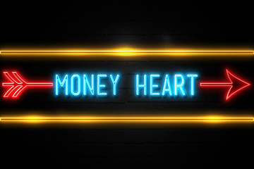 Money Heart  - fluorescent Neon Sign on brickwall Front view