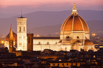 Fototapeta na wymiar The Cathedral of Florence illuminated at sunset
