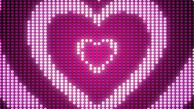 Exciting 3d rendering of white love hearts increasing and flying away on a pink computer screen covered with numerous pixels through iris out effect. The animation looks dreamlike and lovely.