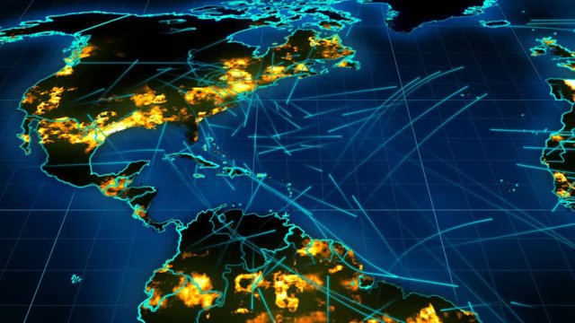 Striking 3d rendering of the communication world map with illuminated towns and villages, dark green forests, blue oceans and seas, moving liason lines, connecting people