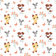 Vector colorful seamless pattern with the image of cute pets in cartoon style.