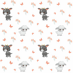 Vector colorful seamless pattern with the image of farm animals in cartoon style.