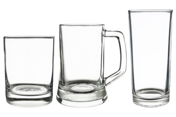 old fashioned glass,beer glass and highball glass isolated on white