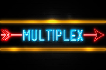 Multiplex  - fluorescent Neon Sign on brickwall Front view